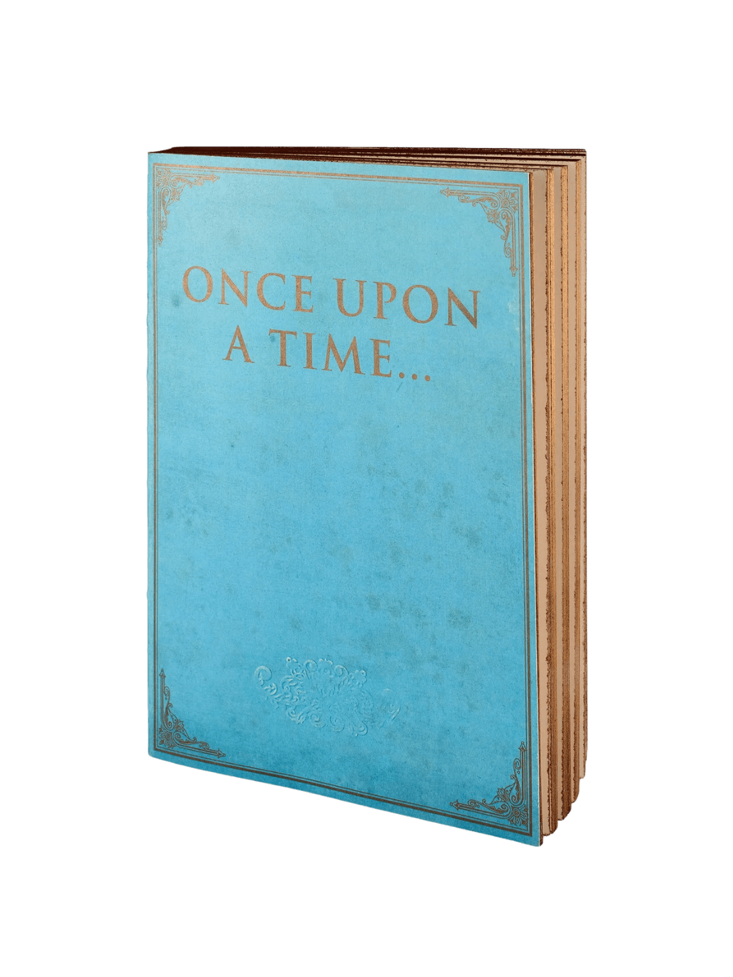 The front cover of a light blue notebook from the Once Upon A Time from the Slow Design Libri Muti collection features the gold-embossed words "ONCE UPON A TIME..." framed by elegant, vintage-style corner flourishes | Twentyseven Toronto