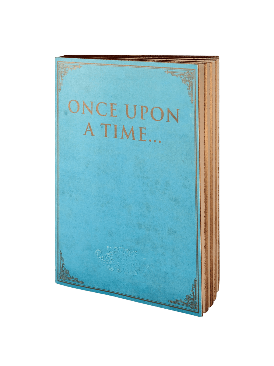 The front cover of a light blue notebook from the Once Upon A Time from the Slow Design Libri Muti collection features the gold-embossed words "ONCE UPON A TIME..." framed by elegant, vintage-style corner flourishes | Twentyseven Toronto