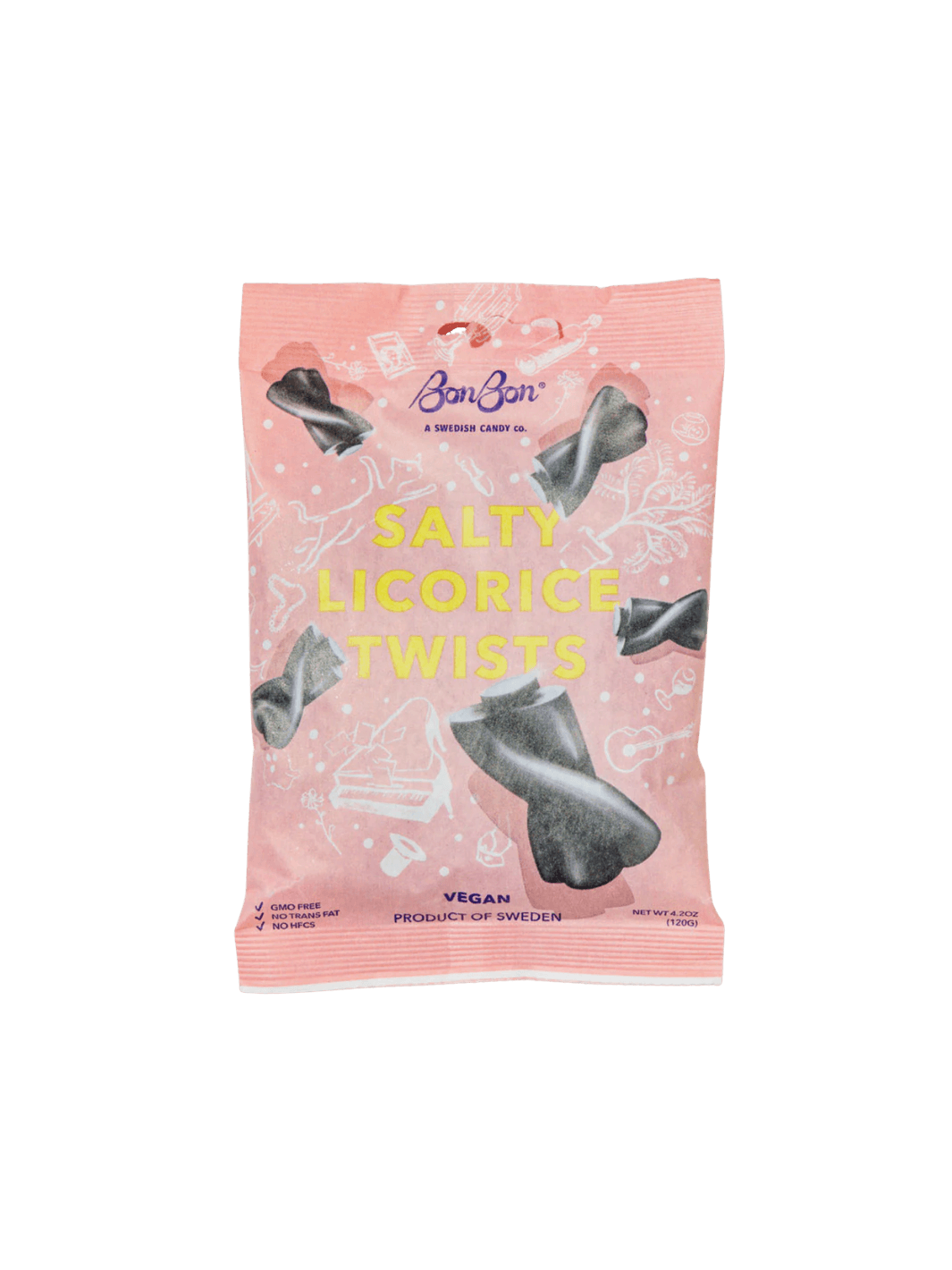 A sealed pink pouch featuring illustrations of floating black candies showcases the front packaging of Licorice Twist Swedish Candy from BonBon NYC against a transparent background | Twentyseven Toronto