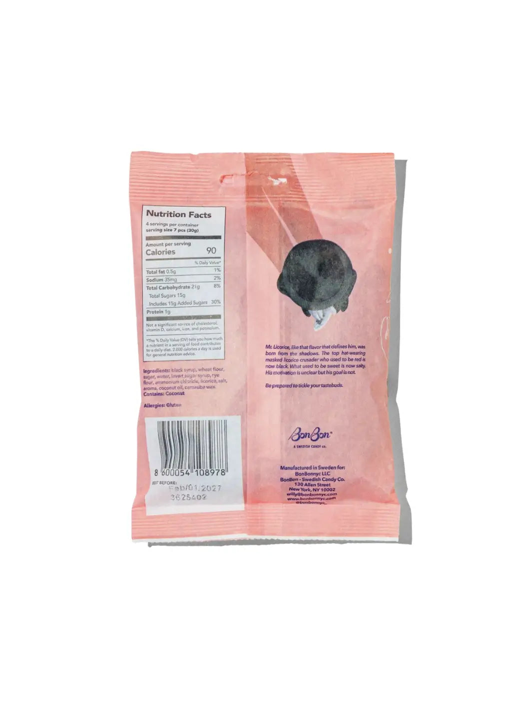 The pink back packaging of Licorice Twist Swedish Candy from BonBon NYC displays nutrition facts, an ingredients list, a barcode, and a small illustration of a character in a top hat | Twentyseven Toronto