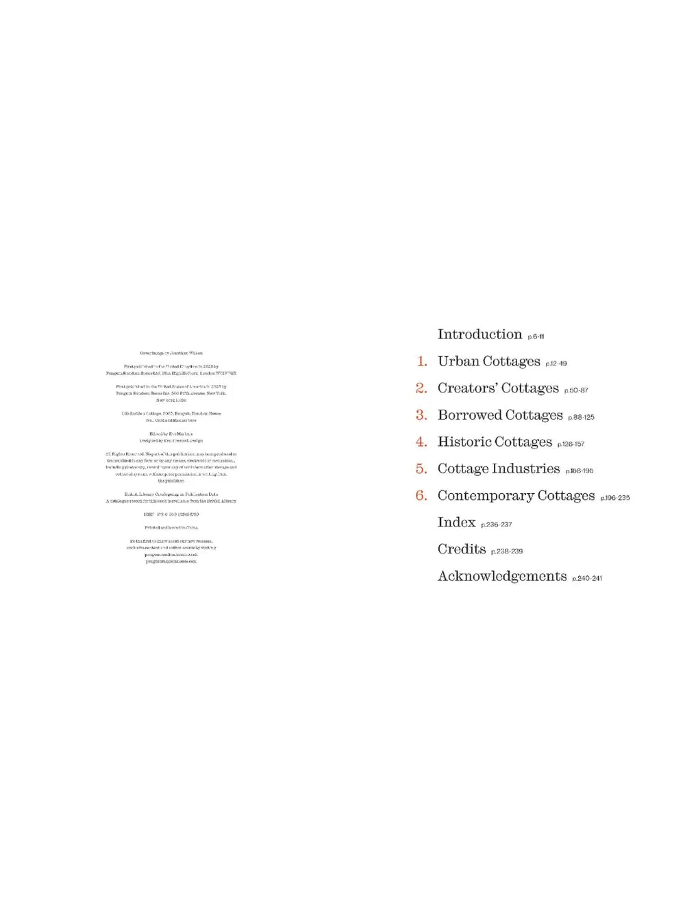 Table of contents from Life Inside A Cottage by Nell Card and Rachel Vere lists chapters like Urban Cottages, Creators' Cottages, and Historic Cottages in a clean, numbered layout | Twentyseven Toronto
