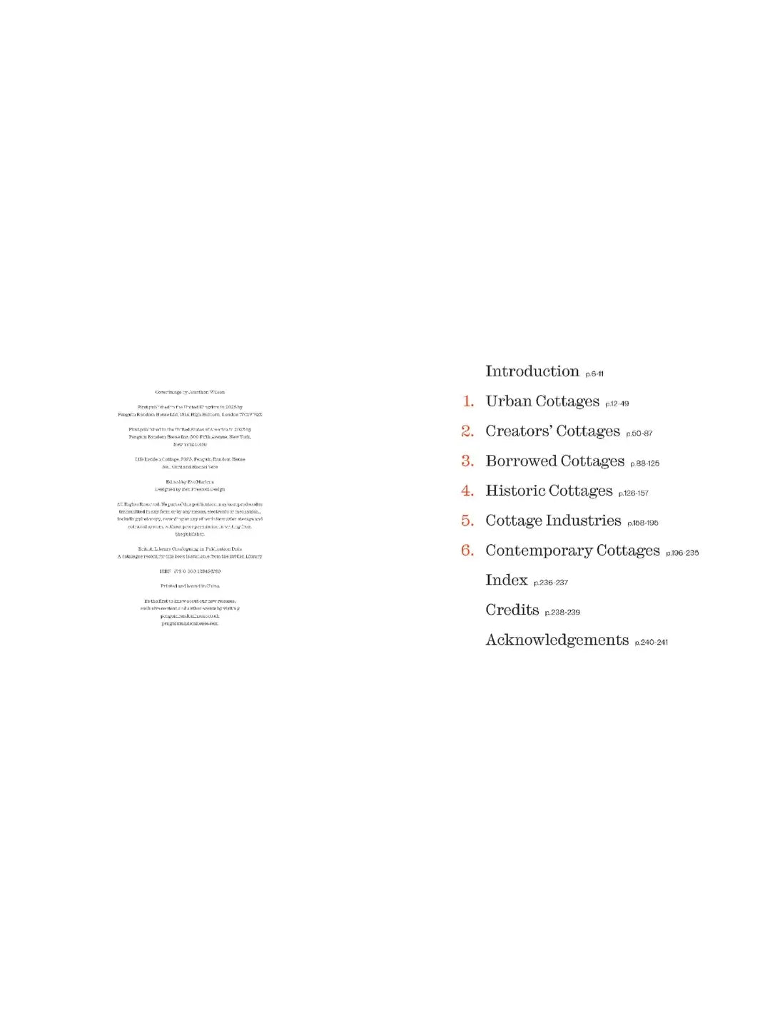 Table of contents from Life Inside A Cottage by Nell Card and Rachel Vere lists chapters like Urban Cottages, Creators' Cottages, and Historic Cottages in a clean, numbered layout | Twentyseven Toronto