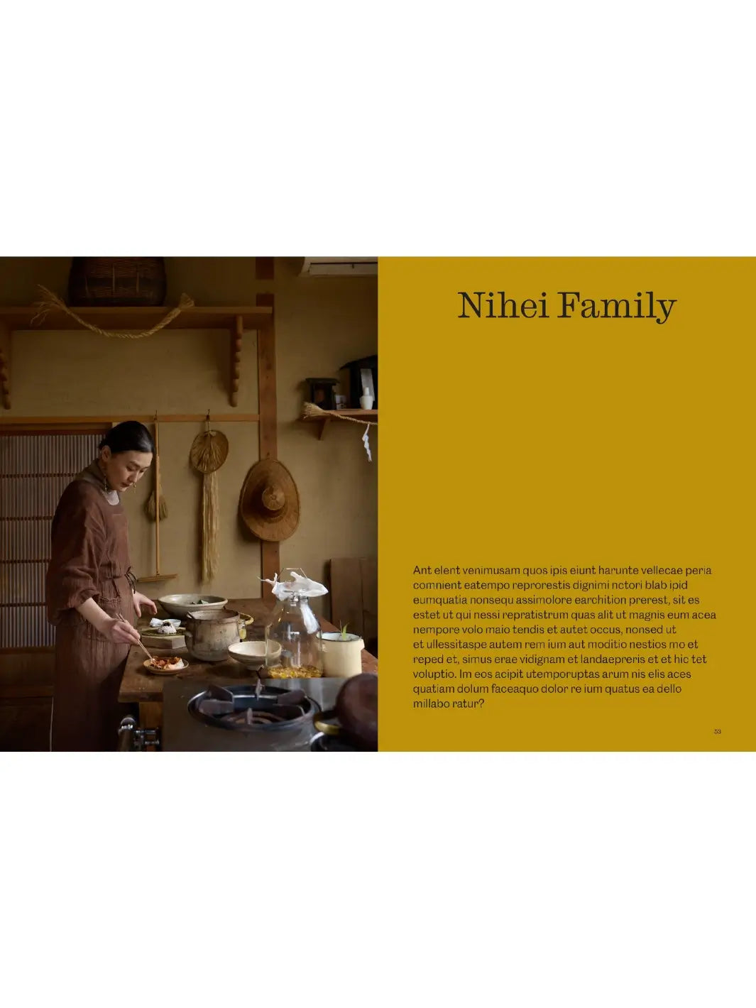 Spread from Life Inside A Cottage by Nell Card and Rachel Vere features a woman preparing food in a rustic, earth-toned kitchen alongside a page titled "Nihei Family." | Twentyseven Toronto
