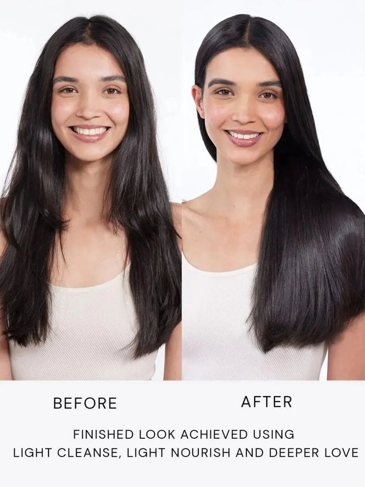 Side-by-side front view photos show a smiling woman's hair transitioning from slightly frizzy to highly smooth and glossy after using Hair by Sam McKnight Light Cleanse Hair & Scalp Shampoo | Twentyseven Toronto