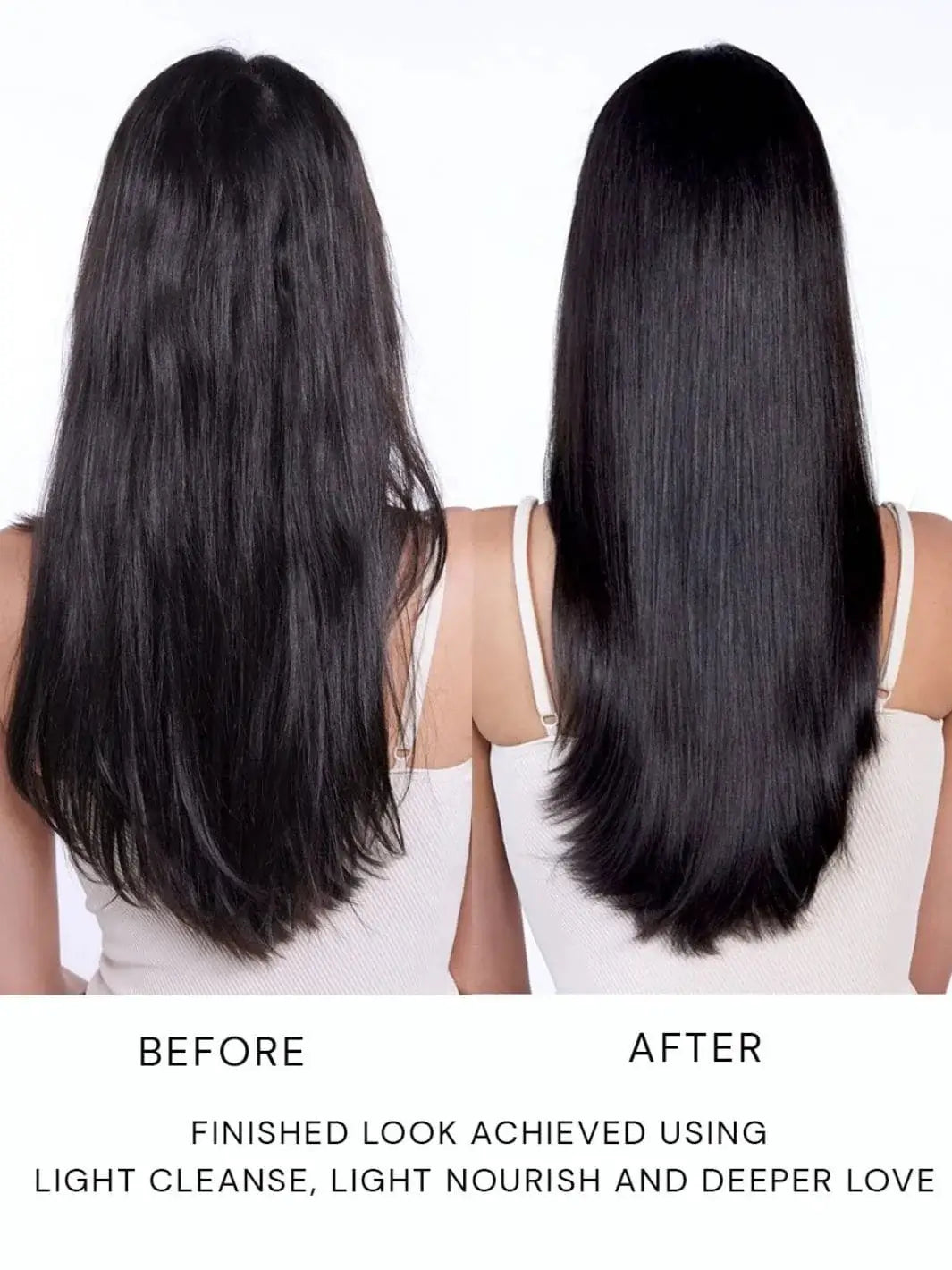 A before and after comparison from the back displays a dramatic increase in hair shine and sleekness following a wash with Hair by Sam McKnight Light Cleanse Hair & Scalp Shampoo | Twentyseven Toronto