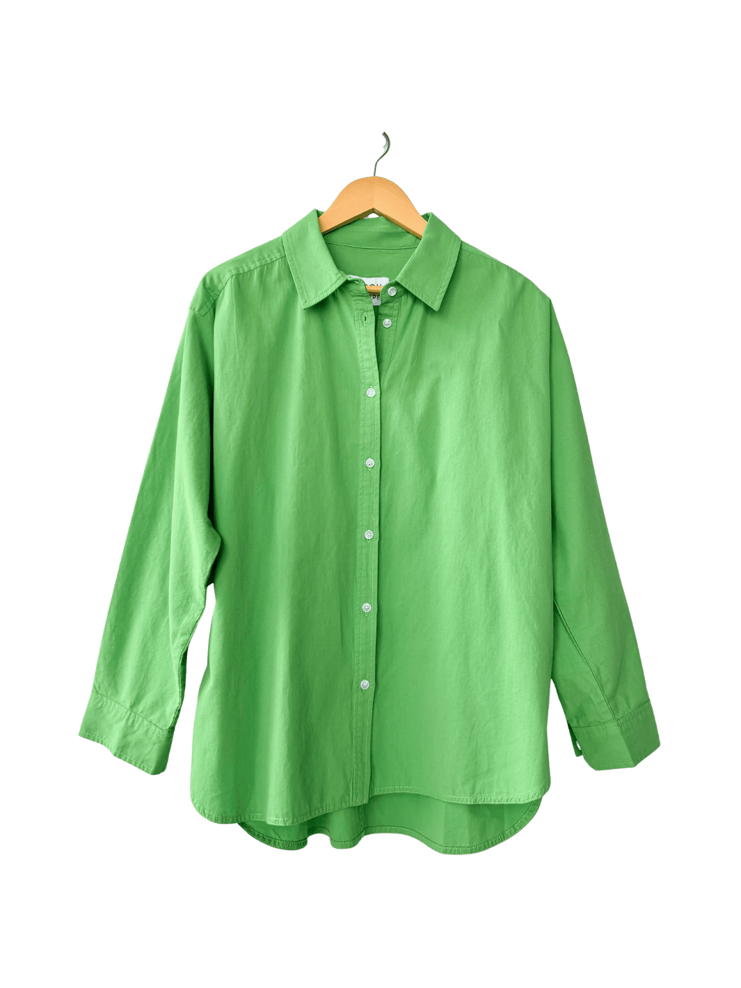 Green 'Light Weight Owen Shirt' in 'Green Bud' from Le Bon Shoppe on a hanger | Twentyseven Toronto
