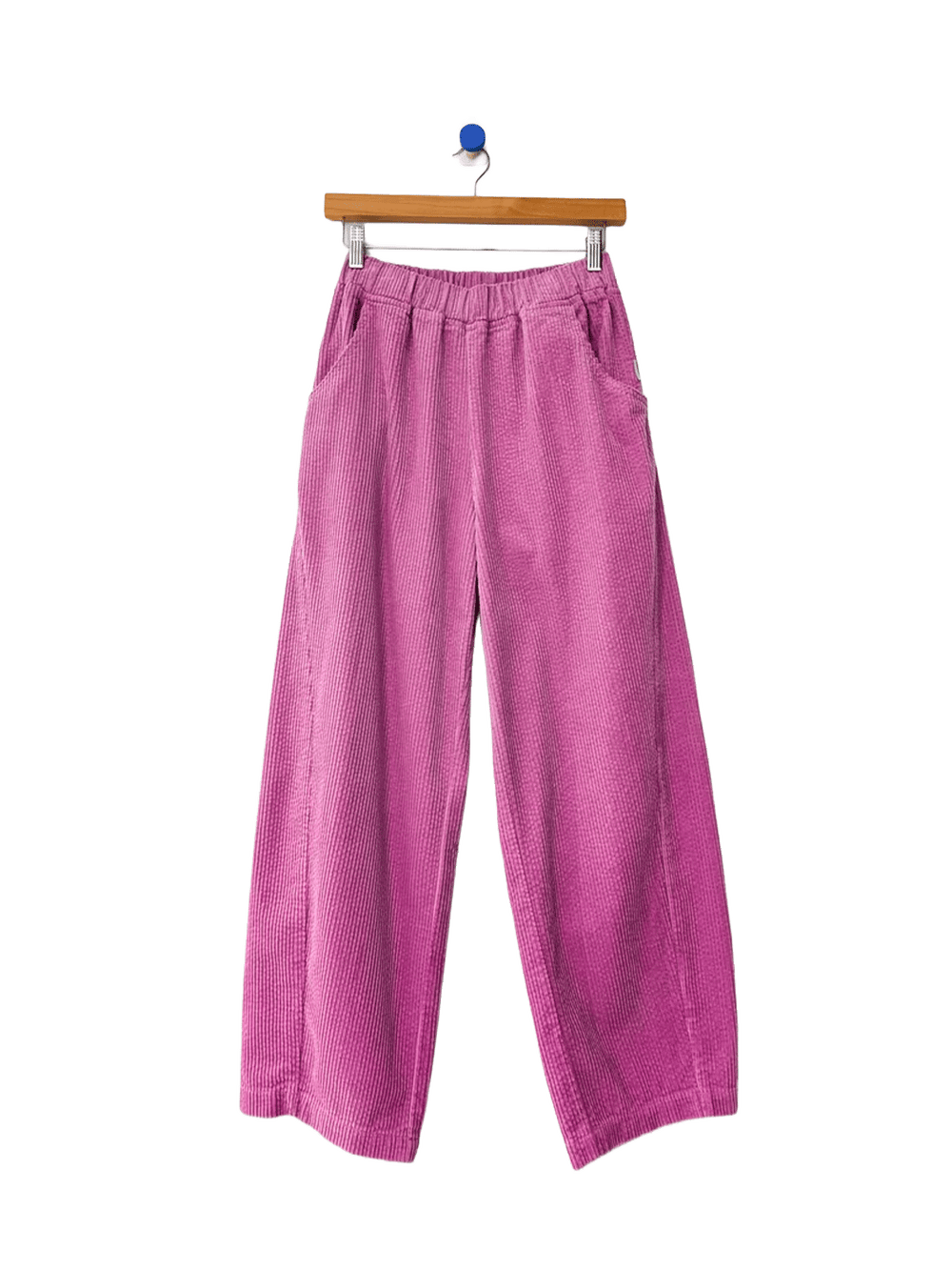 Le Bon Shoppe Soft Corduroy Arc Pants in Lilac on wooden hanger, front view | Twentyseven Toronto