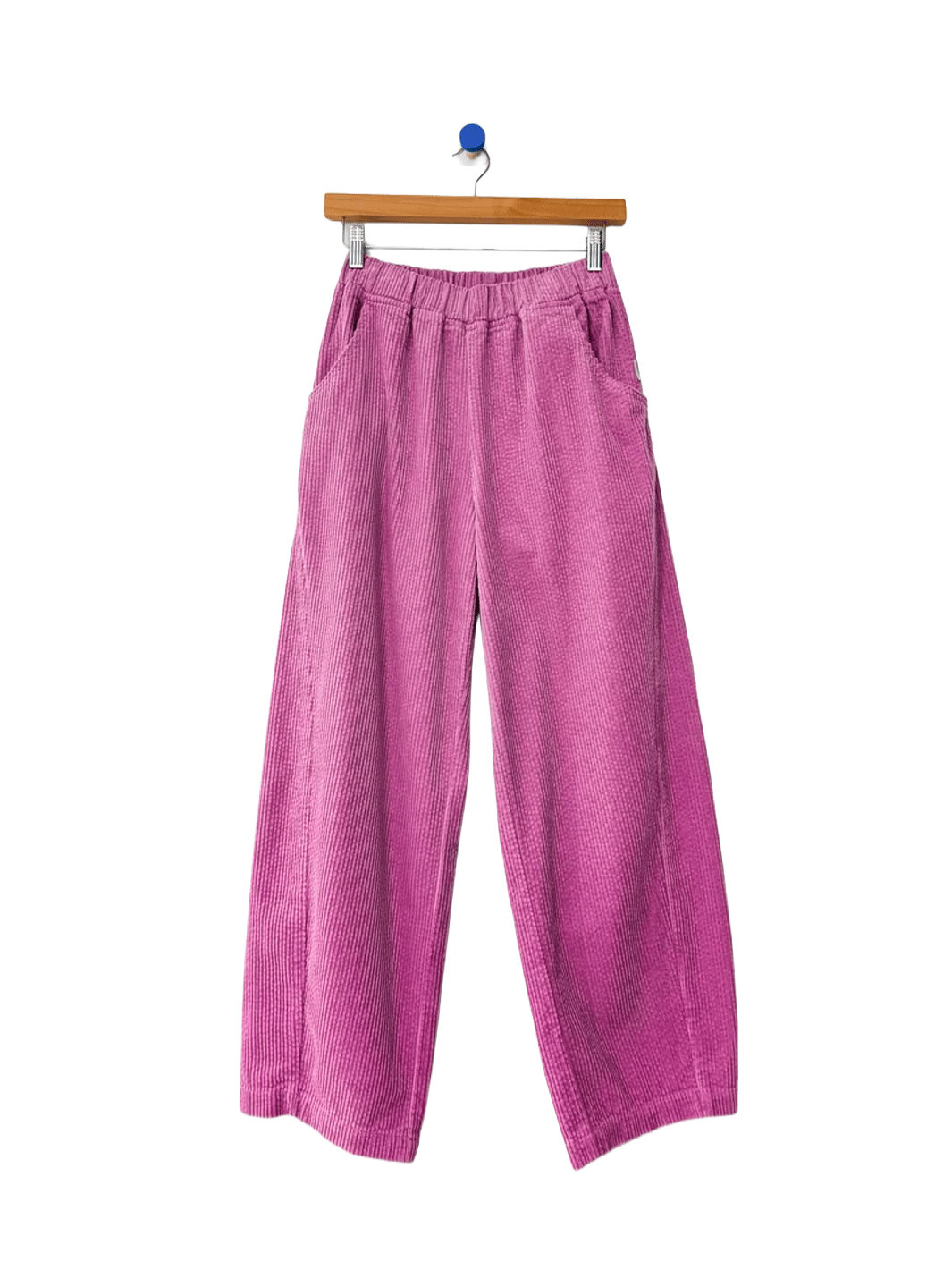 Le Bon Shoppe Soft Corduroy Arc Pants in Lilac on wooden hanger, front view | Twentyseven Toronto
