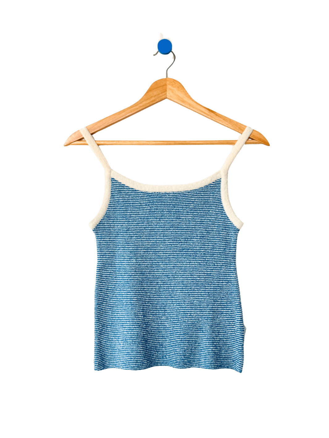 Light blue 'Lily Sweater Cami' tank top in 'Blue Stripe' design with white trim from Le Bon Shoppe on a wooden hanger against a transparent background | Twentyseven Toronto