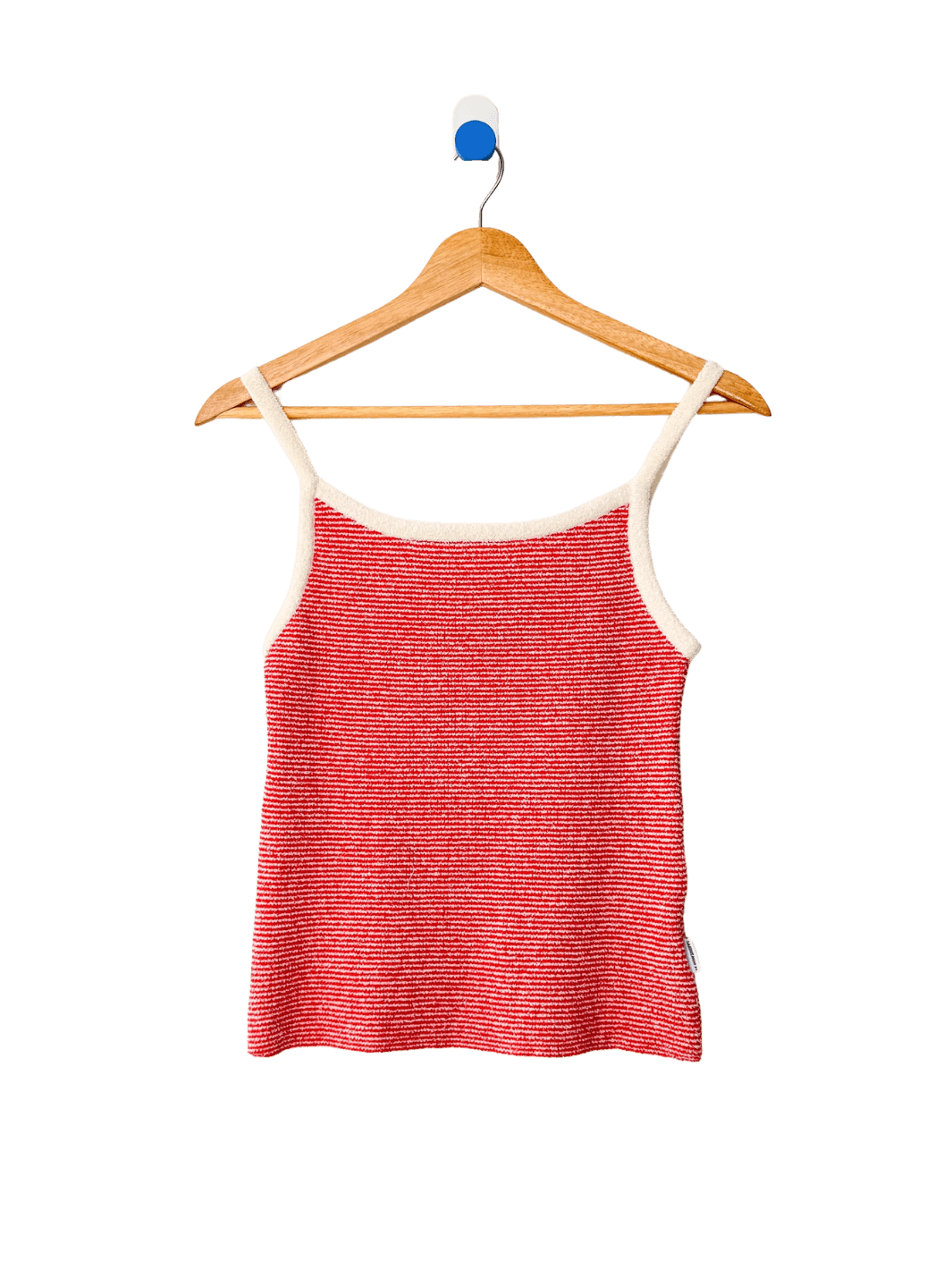 Red 'Lily Sweater Cami' tank top in 'Red Stripe' design with white trim from Le Bon Shoppe on a wooden hanger against a transparent background | Twentyseven Toronto