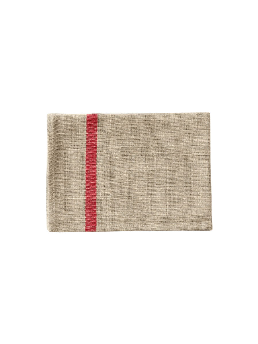 The Lined Kitchen Cloth - Natural with Red Stripe from Fog Linen Work folded against a transparent background | Twentyseven Toronto