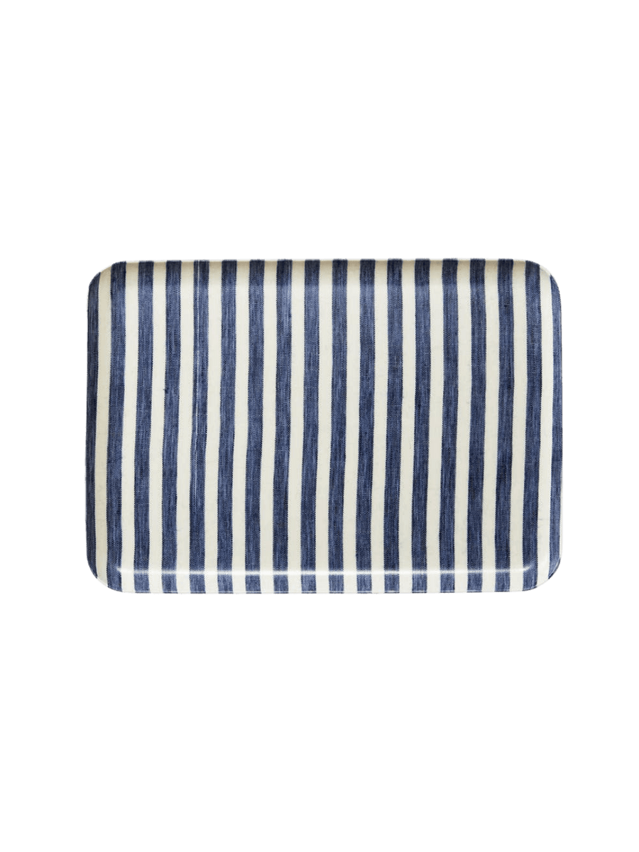 Top-down view of the Linen Tray (M) - White Blue Stripe from Fog Linen Work showcasing the textured linen fabric encased in poly-resin | Twentyseven Toronto