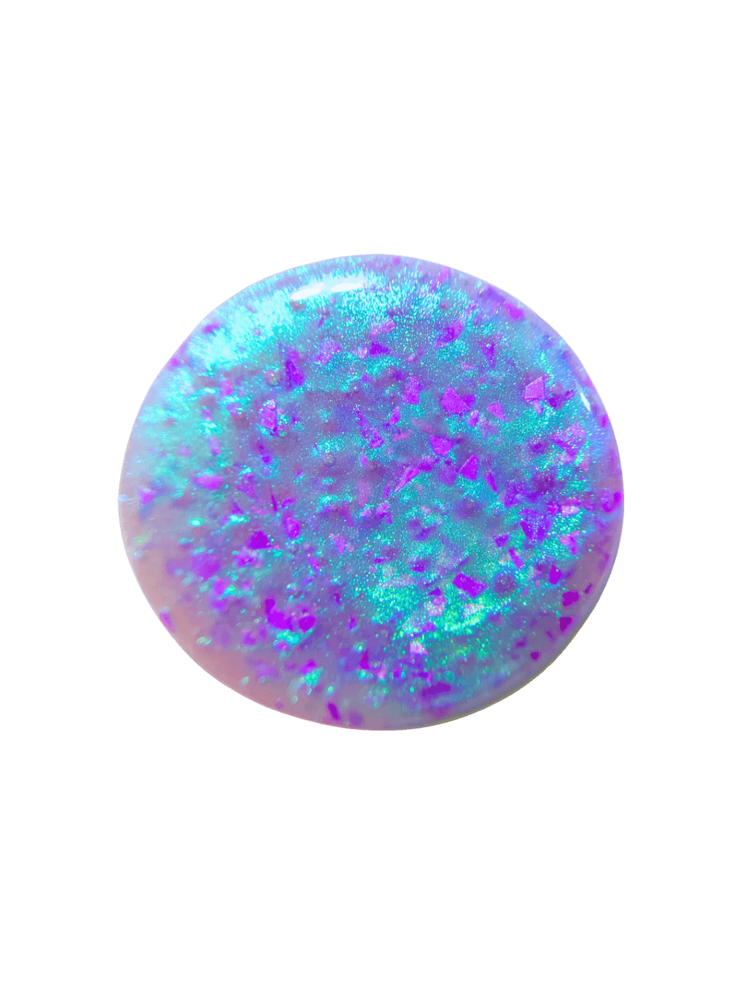 Circular color swatch showing translucent purple base filled with bright teal shimmer and purple flakes from Death Valley Nails Local Birds Erupting Into Hootenanny At The Spit Of Spring Sprinklers Nail Polish | Twentyseven Toronto