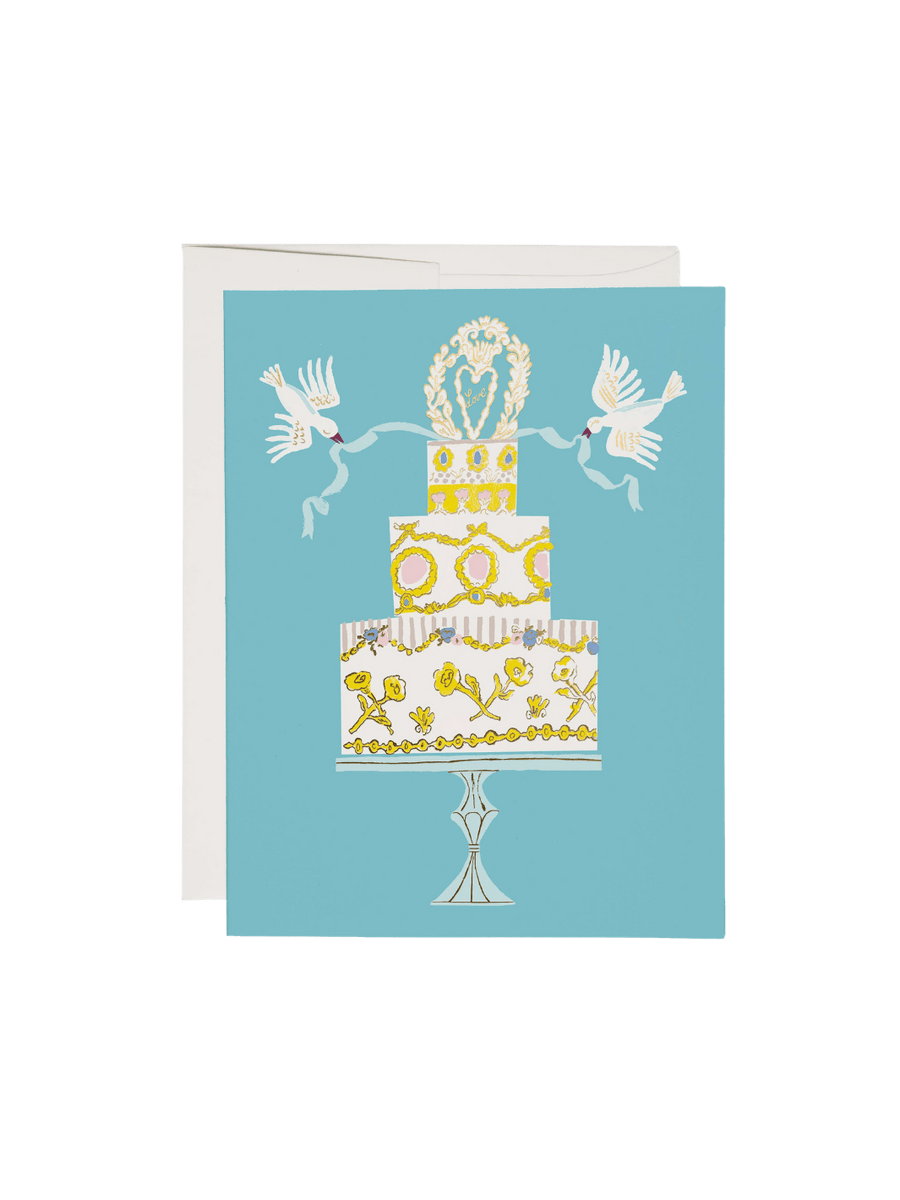 Wedding greeting card from Red Cap Cards with a wedding cake design on a blue background | Twentyseven Toronto