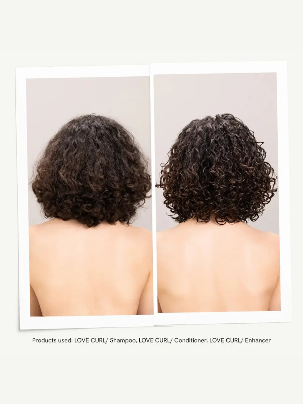 A before-and-after graphic demonstrates the defined, frizz-free curl results on a woman's short dark hair after using the Davines LOVE CURL Enhancing Milk treatment routine | Twentyseven Toronto