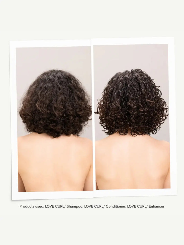 A before-and-after graphic demonstrates the defined, frizz-free curl results on a woman's short dark hair after using the Davines LOVE CURL Enhancing Milk treatment routine | Twentyseven Toronto