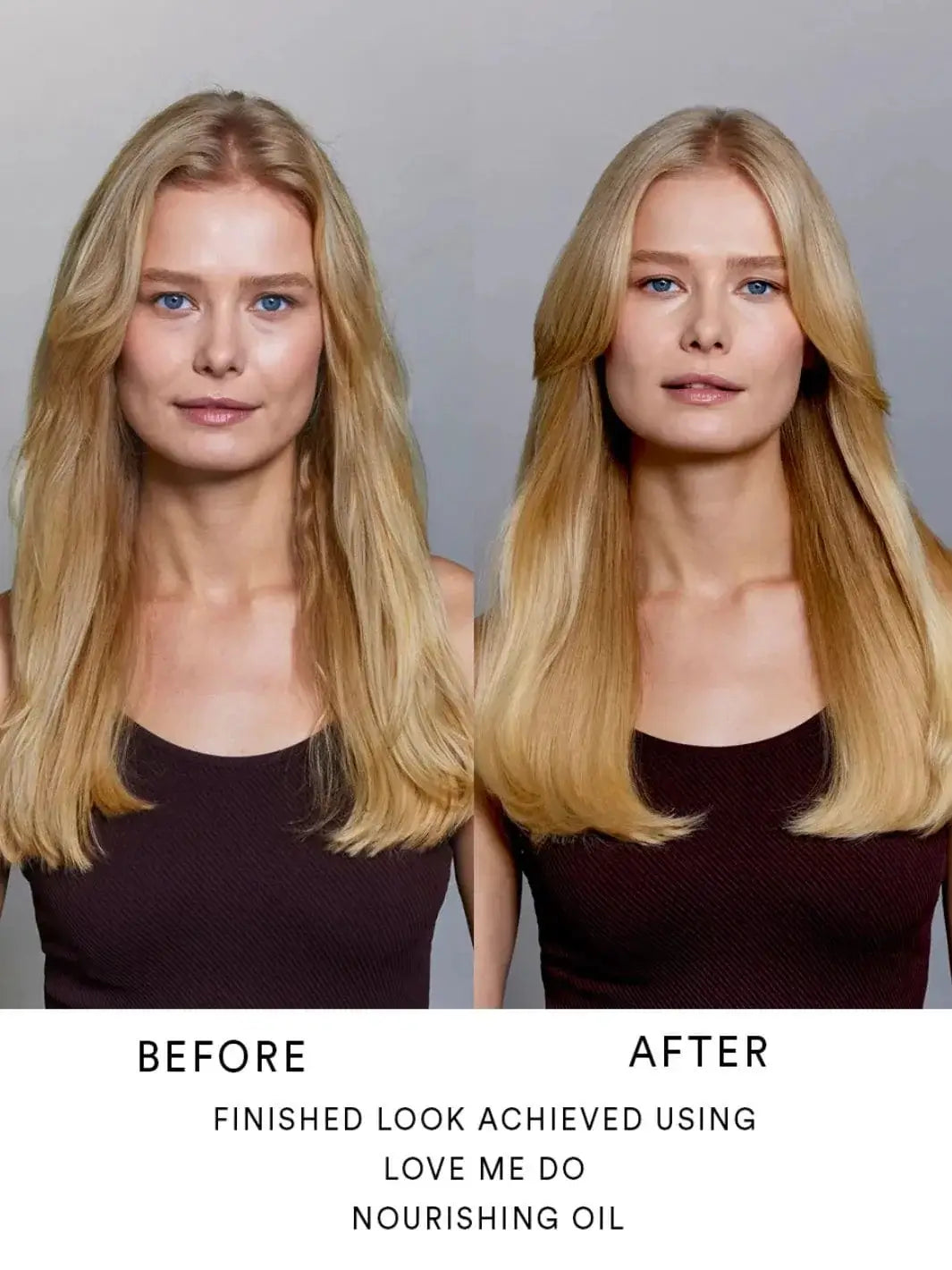 A before-and-after comparison highlights the smooth, frizz-free transformation of blonde hair using Hair by Sam McKnight Love Me Do Nourishing Shine Oil | Twentyseven Toronto