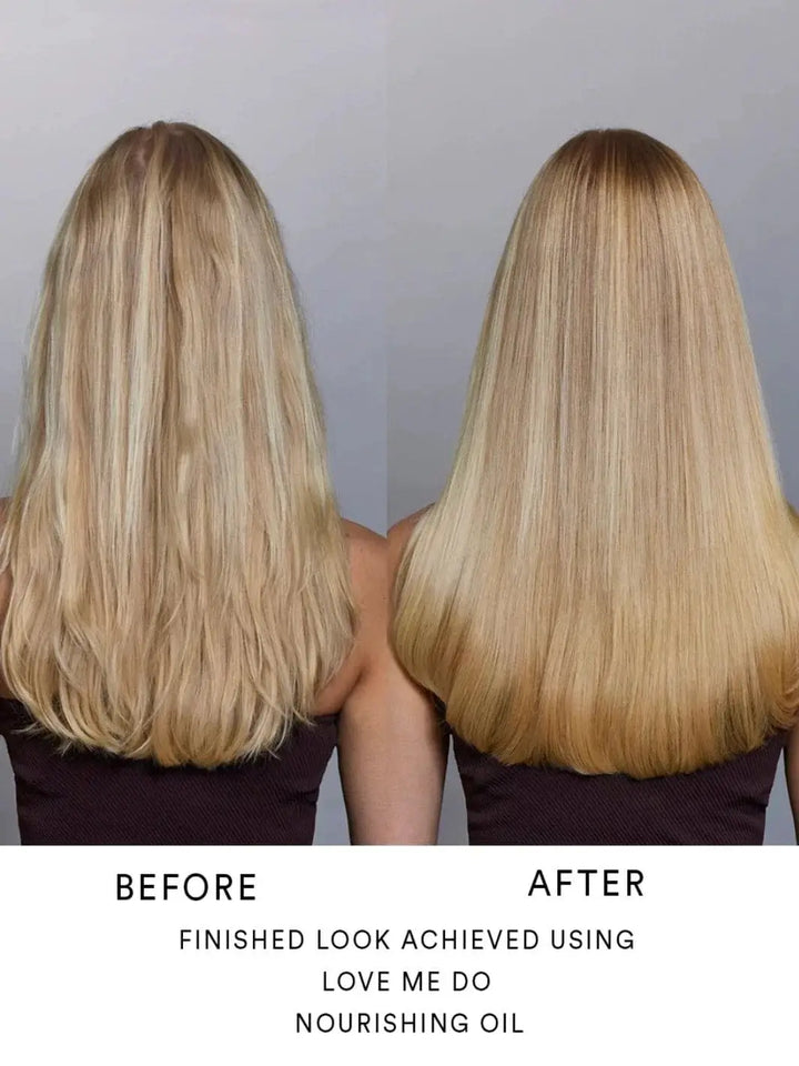 A rear-view before-and-after comparison demonstrates the enhanced shine, alignment, and texture improvement on long blonde hair from Hair by Sam McKnight Love Me Do Nourishing Shine Oil | Twentyseven Toronto