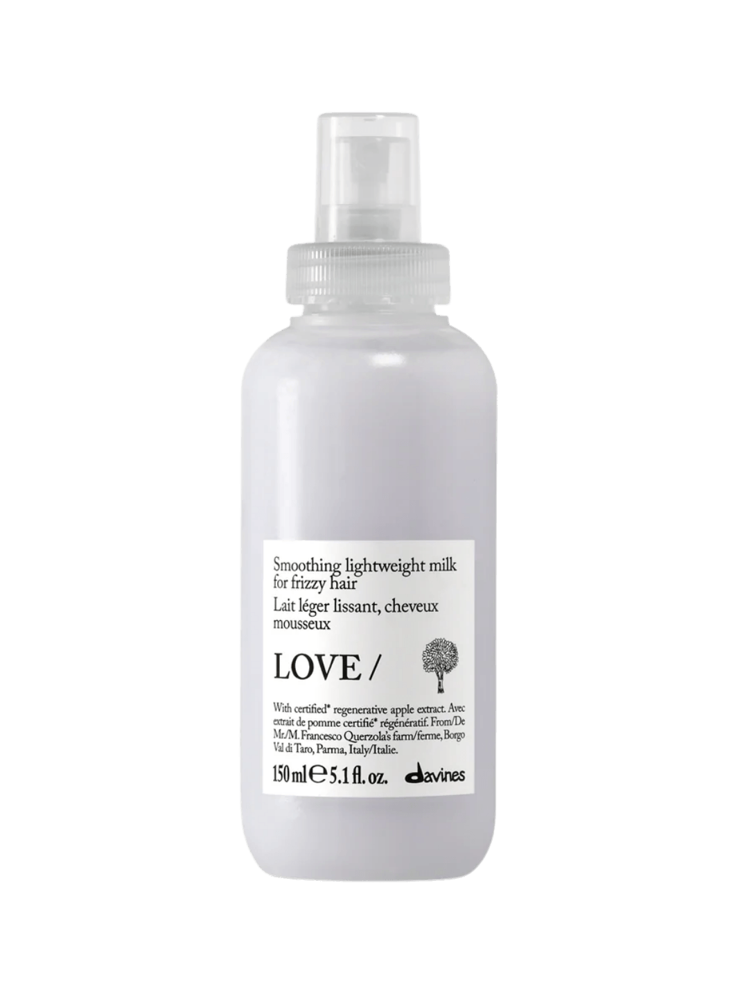 A 150 ml bottle of Davines LOVE SMOOTHING Lightweight Milk for frizzy hair | Twentyseven Toronto