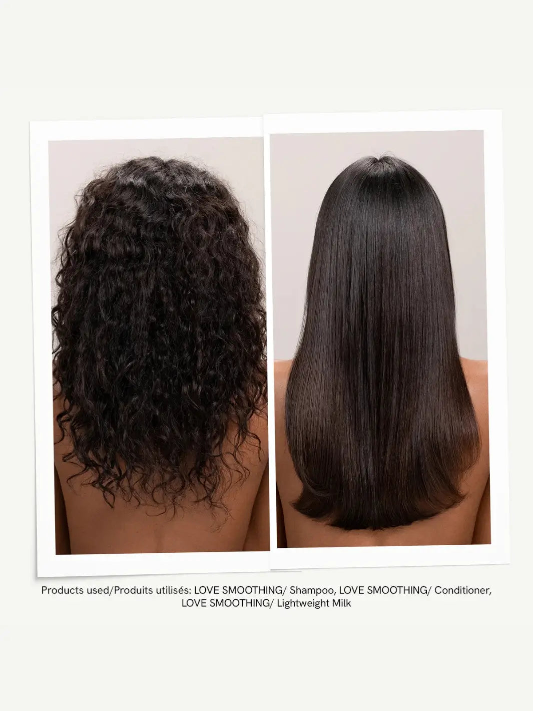 A before-and-after photograph captures the transformation from textured, frizzy hair to sleek, straight hair after using a hair care system featuring Davines LOVE SMOOTHING Lightweight Milk | Twentyseven Toronto