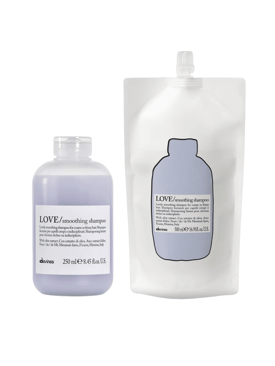 Bottle of Davines LOVE Smoothing Shampoo (250ml) and LOVE Smoothing Shampoo Refill (500ml) on a transparent background | Twentyseven Toronto