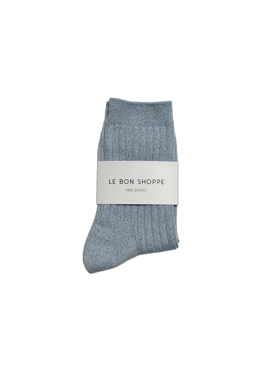 Le Bon Shoppe Her Socks Lurex in Morning Mist folded with branded packaging, featuring a ribbed knit and subtle shimmer | Twentyseven Toronto