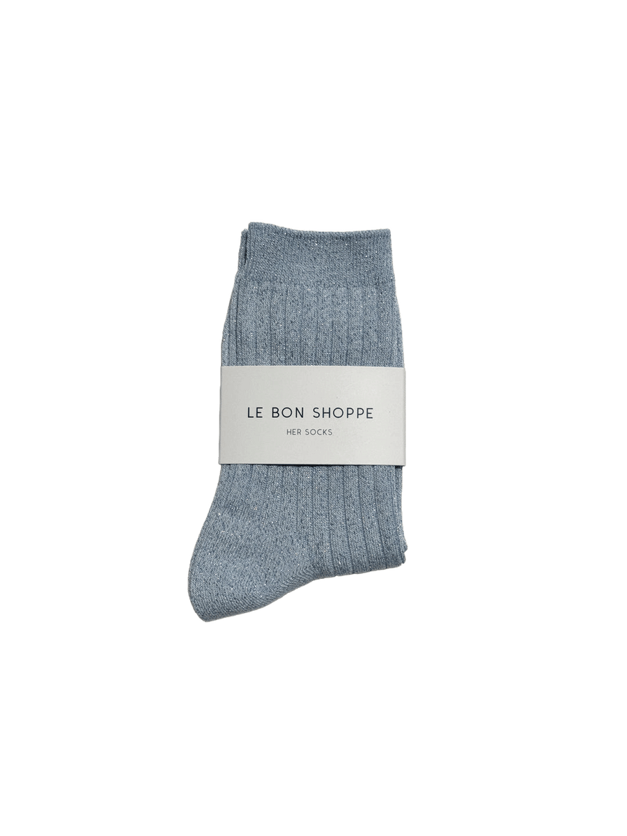 Le Bon Shoppe Her Socks Lurex in Morning Mist folded with branded packaging, featuring a ribbed knit and subtle shimmer | Twentyseven Toronto