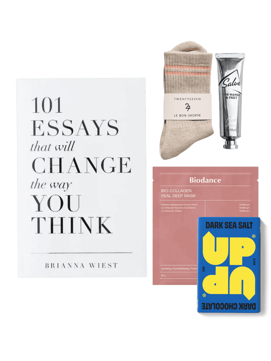 Luxe Self Care Ritual Bundle - 101 Essays to Change the Way You Think by Brianna Wiest, Biodance Collagen Real Deep Mask, Le Bon Shoppe x Twentyseven Boyfriend Sock Oatmeal / Rose, Jao Hand Salve, Up Up Chocolate Dark Chocolate Bar | Twentyseven Toronto