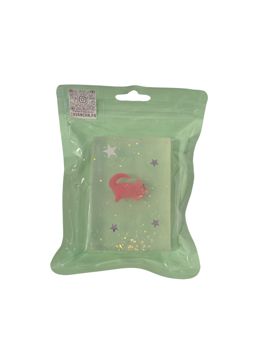 A clear bar of Cavancha Magic Glitter Soap - Pokemon, embedded with a small pink character charm and star glitter, packaged inside a light green pouch | Twentyseven Toronto