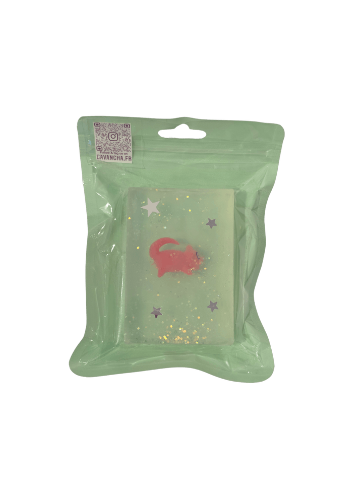 A clear bar of Cavancha Magic Glitter Soap - Pokemon, embedded with a small pink character charm and star glitter, packaged inside a light green pouch | Twentyseven Toronto