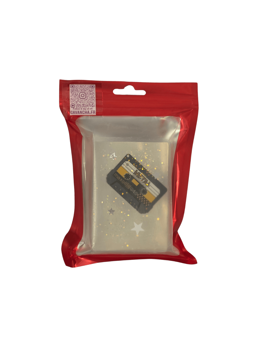 A clear bar of Cavancha Magic Glitter Soap - Rock, embedded with a miniature black cassette tape and silver star glitter, packaged inside a red ziplock pouch | Twentyseven Toronto