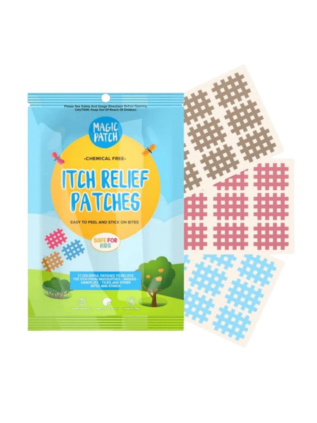 A pack of NATPAT Magic Patch: Natural Bug Bite, Itch Relief Stickers alongside sheets of the colourful grid-patterned patches | Twentyseven Toronto