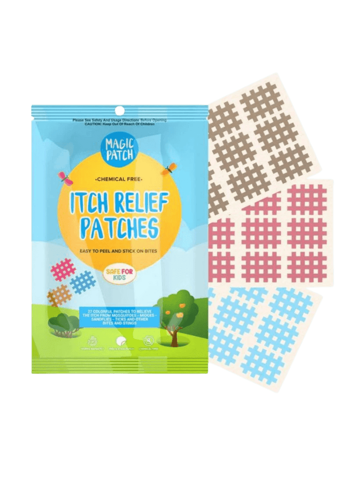 A pack of NATPAT Magic Patch: Natural Bug Bite, Itch Relief Stickers alongside sheets of the colourful grid-patterned patches | Twentyseven Toronto