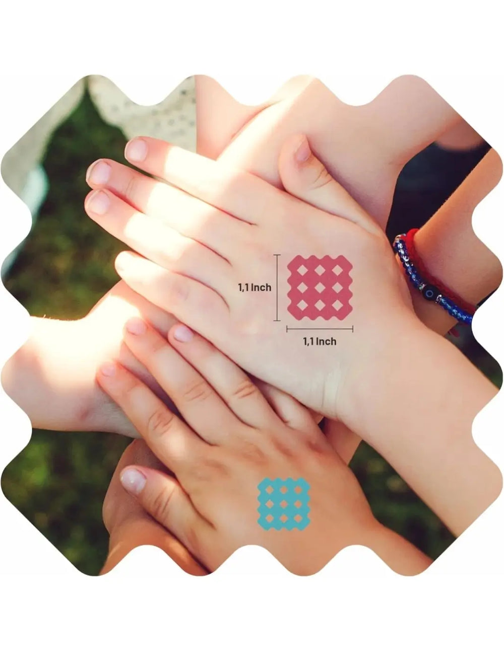 A close-up view demonstrates the 1.1-inch dimensions of the NATPAT Magic Patch: Natural Bug Bite, Itch Relief Stickers on a hand | Twentyseven Toronto