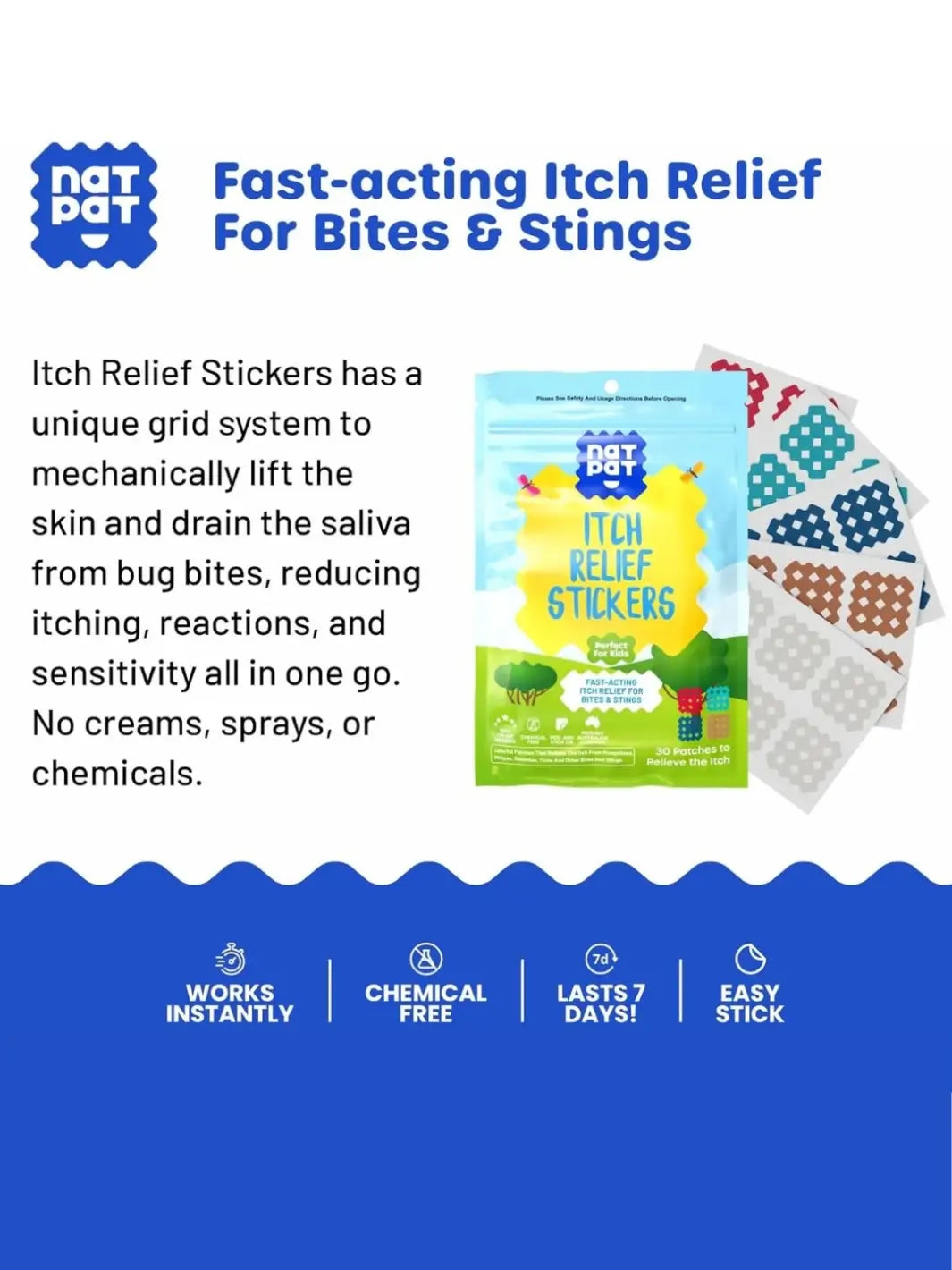 An informational graphic highlights the fast-acting benefits of NATPAT Magic Patch: Natural Bug Bite, Itch Relief Stickers | Twentyseven Toronto