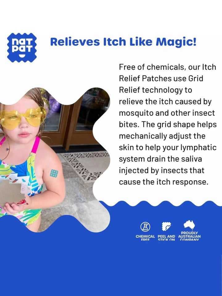 An instructional image shows a girl with an applied NATPAT Magic Patch: Natural Bug Bite, Itch Relief Stickers next to text explaining its grid relief technology | Twentyseven Toronto