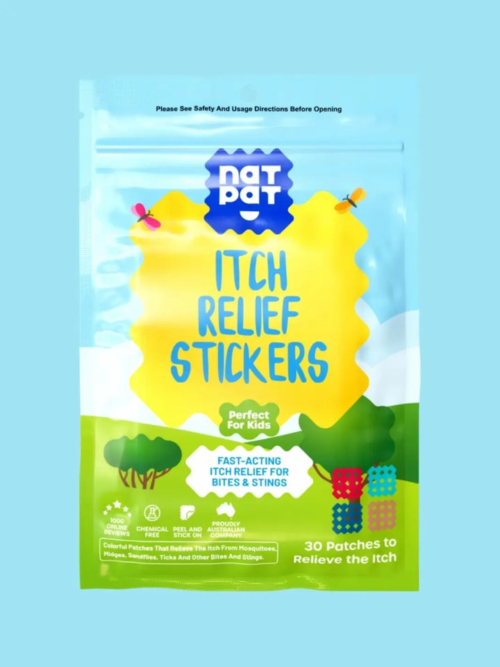 A colourful product package displays the NATPAT Magic Patch: Natural Bug Bite, Itch Relief Stickers branding and features | Twentyseven Torotno