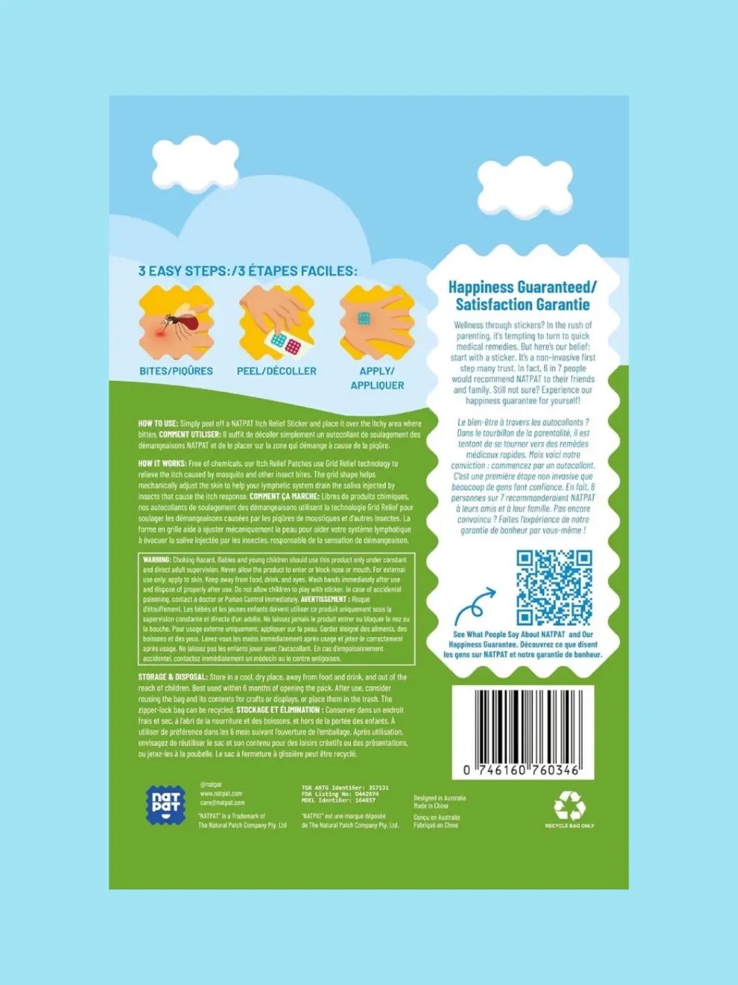 The back of the product packaging provides instructions and safety information for using NATPAT Magic Patch: Natural Bug Bite, Itch Relief Stickers | Twentyseven Toronto