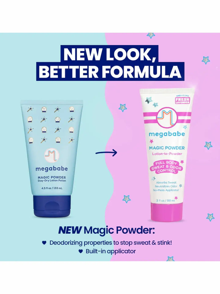Two tubes of Megababe Magic Powder with text 'New Look, Better Formula' text on a light blue and pink background | Twentyseven Toronto