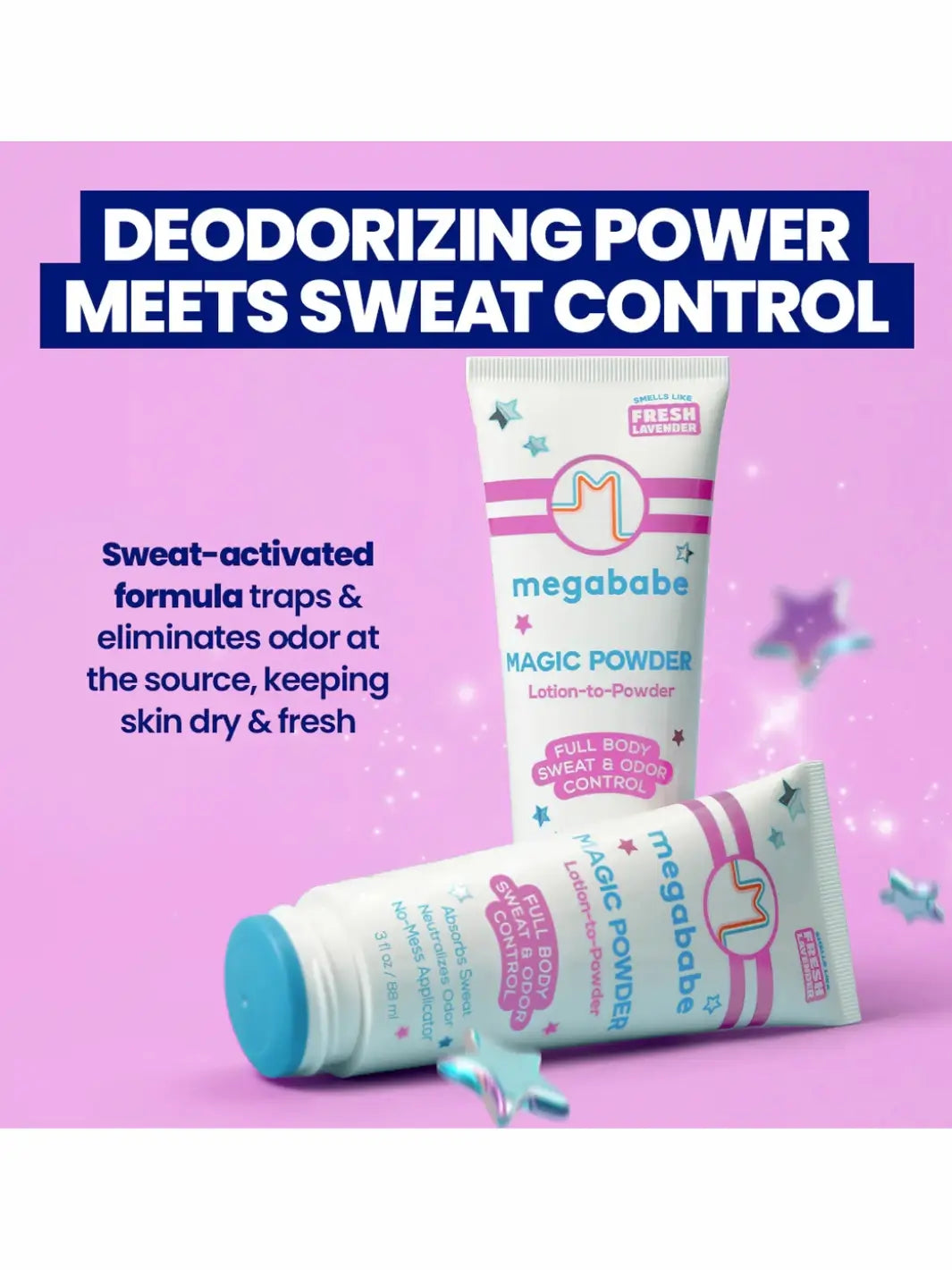 Two bottles of Megababe Magic Powder on a pink background with text about deodorizing power and sweat control | Twentyseven Toronto