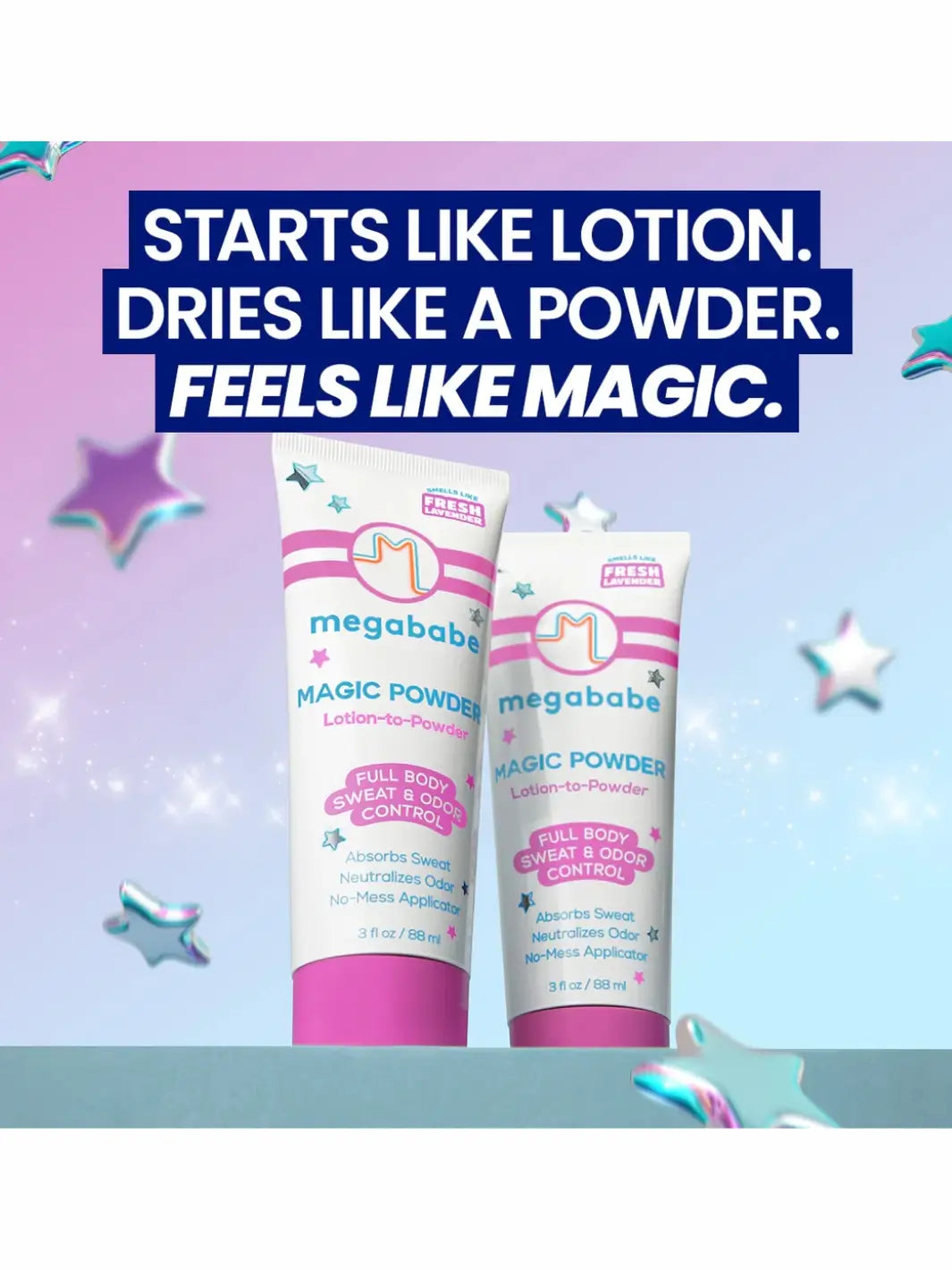 Two bottles of Megababe Magic Powder on a colourful pink background with promotional text | Twentyseven Toronto