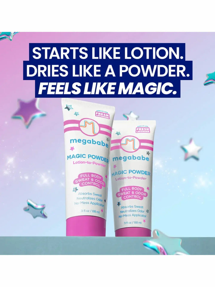 Two bottles of Megababe Magic Powder on a colourful pink background with promotional text | Twentyseven Toronto