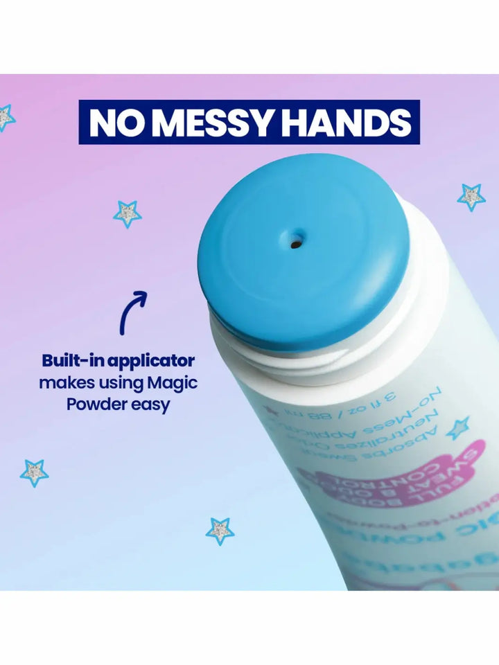 Megababe Magic Powder with blue cap and text 'No Messy Hands' on a light purple background | Twentyseven Toronto