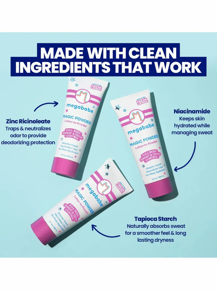 Three tubes of megababe magic powder with text highlighting clean ingredients and benefits on a blue background | Twentyseven Toronto