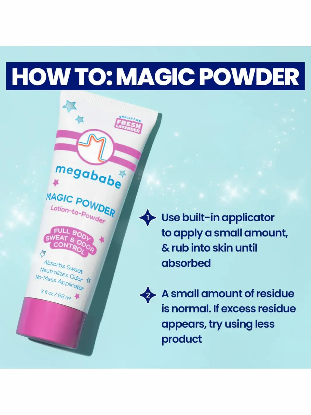 Megababe Magic Powder packaging with usage instructions on a light blue background | Twentyseven Toronto