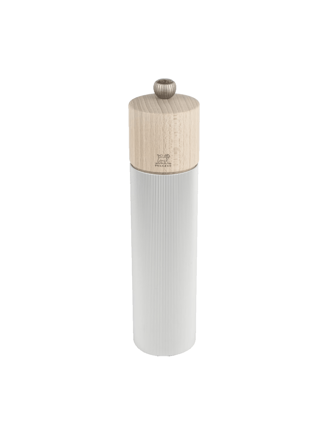 White Line Manual Salt Mill grinder in Aluminum Natural with wooden top from Peugeot on a transparent background | Twentyseven Toronto