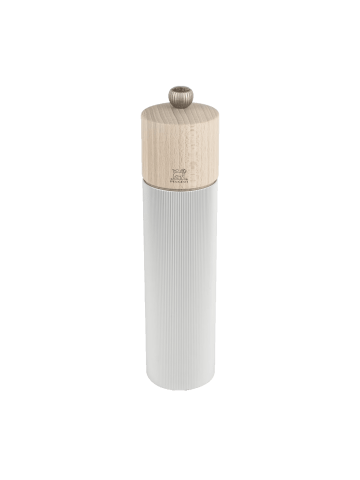White Line Manual Salt Mill grinder in Aluminum Natural with wooden top from Peugeot on a transparent background | Twentyseven Toronto