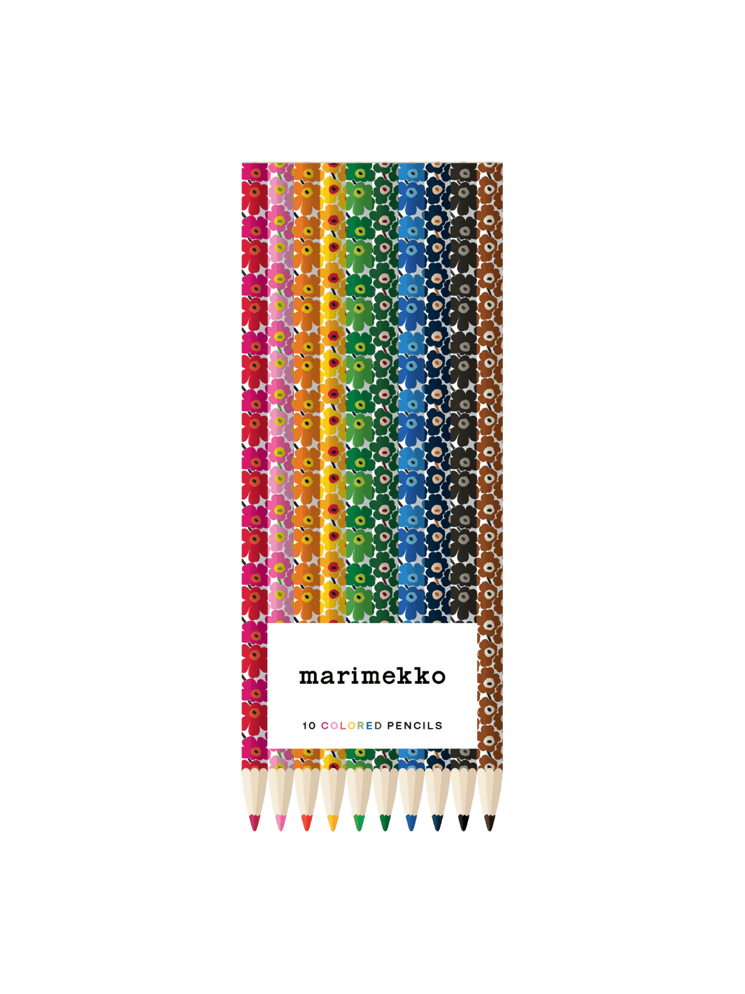 A set of ten Marimekko Coloured Pencils (Unikko) featuring a vibrant array of barrels wrapped in the iconic floral Unikko print in various colors, neatly packaged with a clean white label | Twentyseven Toronto