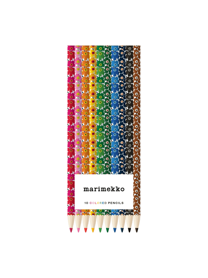 A set of ten Marimekko Coloured Pencils (Unikko) featuring a vibrant array of barrels wrapped in the iconic floral Unikko print in various colors, neatly packaged with a clean white label | Twentyseven Toronto