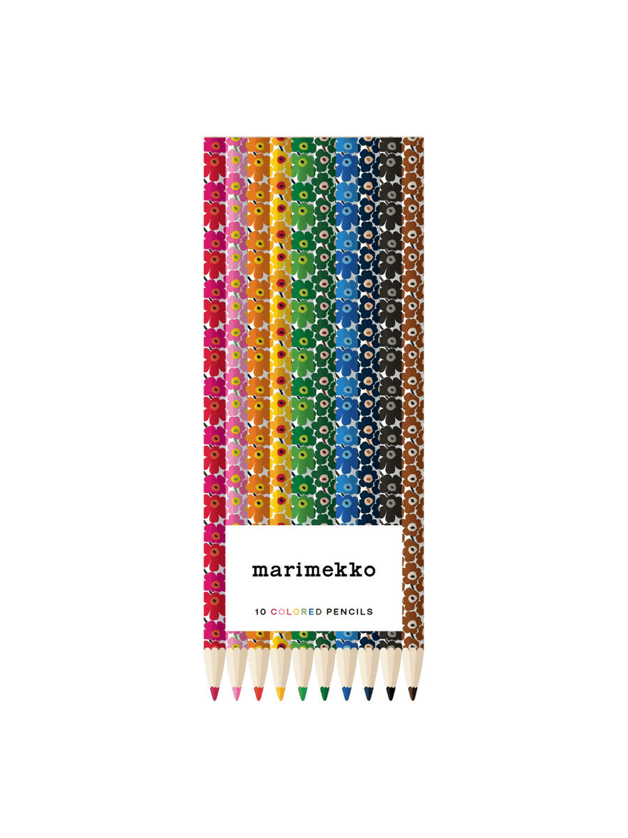 A set of ten Marimekko Coloured Pencils (Unikko) featuring a vibrant array of barrels wrapped in the iconic floral Unikko print in various colors, neatly packaged with a clean white label | Twentyseven Toronto